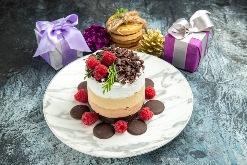 Nunc feugiat mi a tellus consequat Front View Cheesecake With Chocolate Oval Plate Tied Cookies Xmas Ornaments Grey Background 1 1024x683
