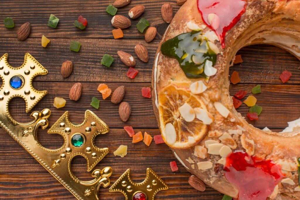 Cras metus sed aliquet risus a tortor Top View Epiphany Cake Roscon De Reyes Almonds 1 1024x683